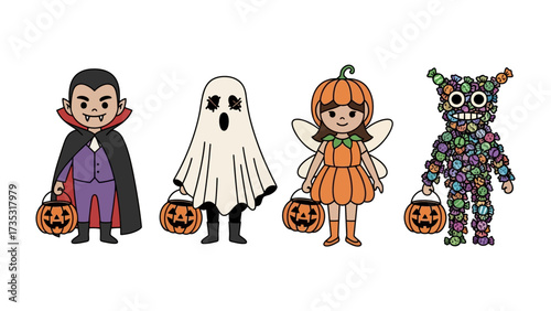 Whimsical Halloween Gathering: A charming gathering of Halloween characters, including a vampire, ghost, fairy and monster with delightful Jack O'Lanterns, ready for trick-or-treating fun.