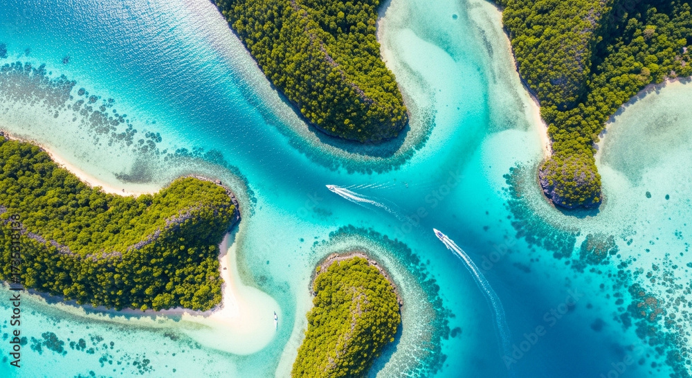 Fototapeta premium Aerial view of boats navigating through turquoise waters in raja ampat, indonesia