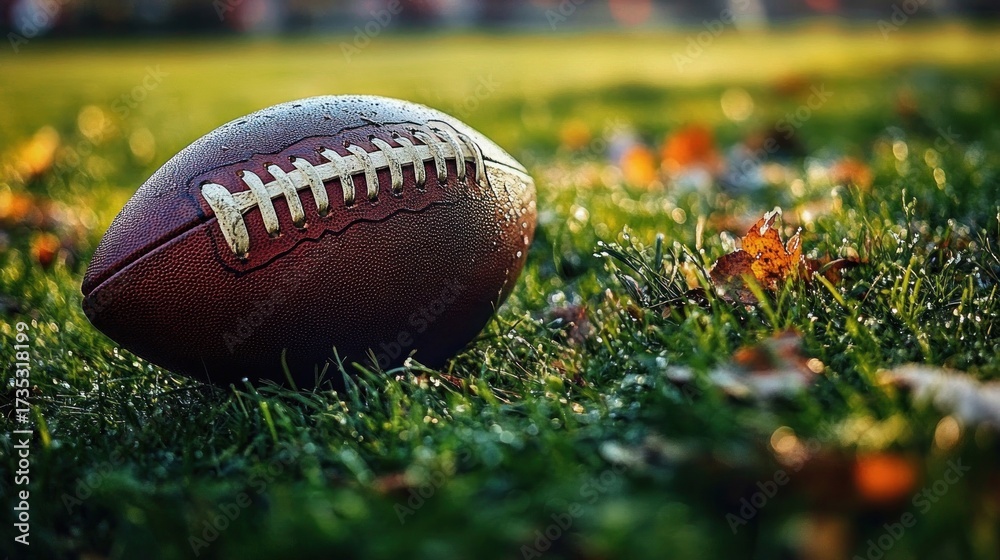 Obraz premium Close-up of a wet American football lying on green grass with autumn leaves scattered around during early morning or late afternoon
