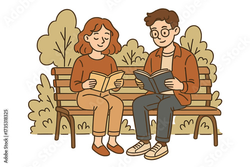 Book fans and literature lovers. A young couple reading books on a park bench. Hand drawn flat vector concept for education, knowledge, hobby, studying, and outdoor relaxation.
