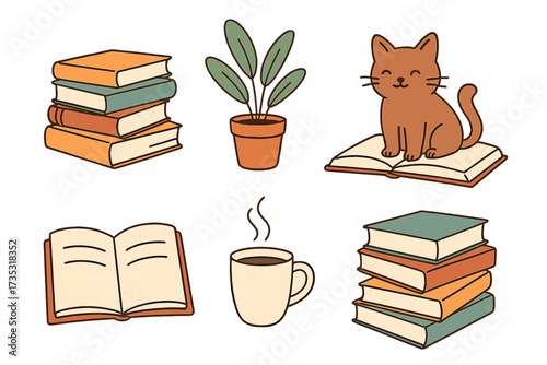 Cozy reading elements set. Cute cat on open book, coffee cup, houseplant, book stacks. Hand drawn vector illustration collection for library, education, study, or hobby concepts.