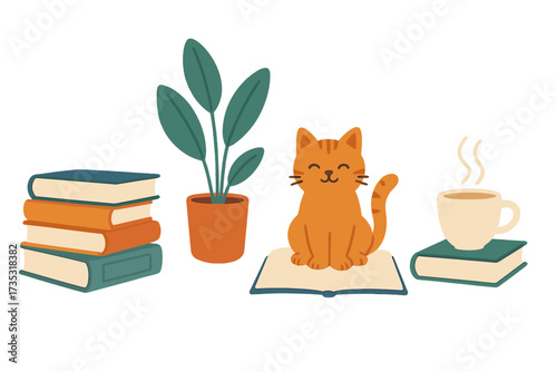 Cute cat on book with coffee cup, houseplant, and book stack. Cozy reading and learning elements set. Home library, study, book lover concept. Flat vector illustration.