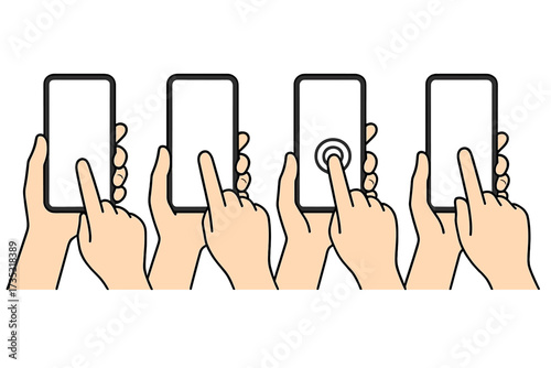 Set of hands holding phone, touching screen. Finger gestures like tap, swipe, scroll, press. Smartphone with blank display for mockup. UI, UX concept. Vector icon collection.