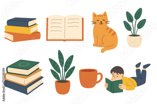 Book lover collection. Reading hobby vector set with cute cat, student boy, houseplants. Flat cartoon illustration for education, literature, library, study, cozy home lifestyle.