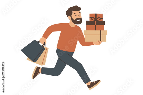 Black Friday sale. Man running with shopping bags and gift boxes. Happy customer hurrying with purchases. Male character on seasonal discount shopping. Flat vector illustration.