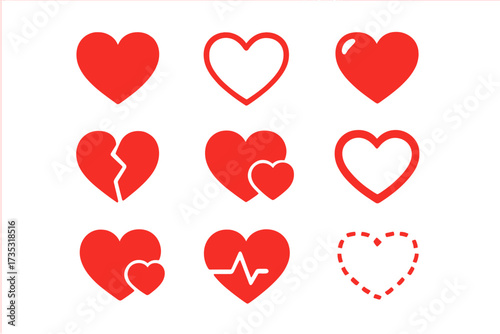Red heart icon collection. Love, romance, health care symbol set. Vector illustration for Valentine's Day. Includes broken heart, heartbeat line for cardiology and passion concepts.