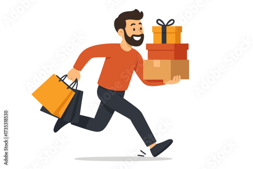 Man runs on Black Friday sale, holding shopping bags and gifts. Happy male shopper character rushing for discounts. Vector illustration for retail, promotion, and holiday season.