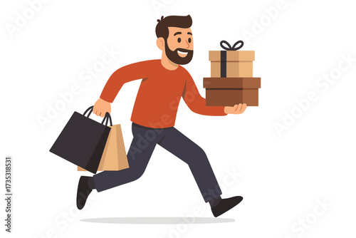 Black Friday sale. Man running with shopping bags and gift boxes. Happy customer hurrying for discounts. Concept of retail, purchase, holiday shopping. Vector illustration.