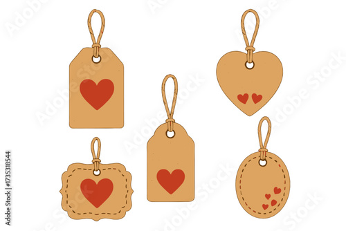 Valentine's day sale labels with rope. Set of craft paper price gift tags with cord. Flat vector hand drawn isolated cardboard vintage decorative frames with red hearts.