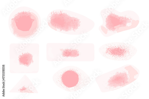 Abstract pink shapes set. Halftone texture gradient. Vector elements for design. Cosmetic patch, hydrogel texture, microneedle, dermatology concept. Skincare, beauty symbol.