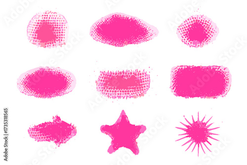 Set of pink watercolor textured shapes. Vector grunge distressed design elements. Abstract artistic brush strokes, stamps, halftone textures. Circle, star, splash, blot.
