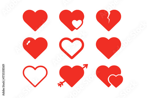 Red heart icon collection vector set. Love symbol for Valentine's day. Romance, passion, and emotion concept. Broken heart, like button, favorite sign. Dating app graphic element.