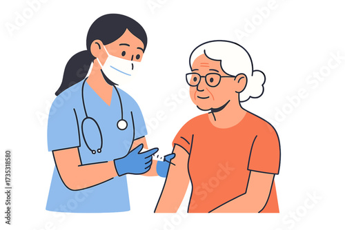 Covid-19 vaccination concept. Female nurse or doctor gives a vaccine injection shot to an elderly woman's shoulder. Medical treatment, immunization and healthcare for seniors.