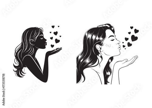 Woman portrait silhouette with romantic hearts