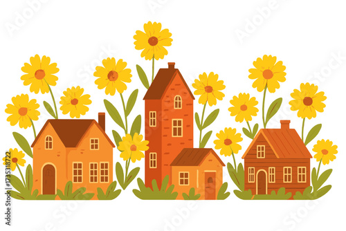Vector illustration of a cute cartoon village with old houses and giant yellow flowers. Whimsical town street concept. Retro flat design for spring or summer. Idyllic floral scene.