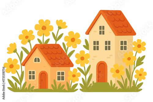 Cute cartoon houses with big yellow spring flowers. Vector illustration of a small village or countryside home in a retro, flat style. Real estate, nature concept isolated on white.