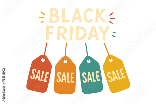 Black Friday sale vector background. Lettering with colorful price tags for advertising, promotion banner. Flat cartoon illustration for retail store, shopping, discount, special offer.