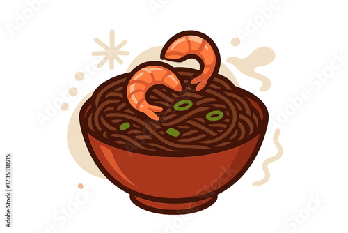 Asian food icon with buckwheat soba noodles and shrimp. Japanese or Chinese cuisine concept. Wok seafood noodle bowl for restaurant menu, delivery logo or fast food emblem.