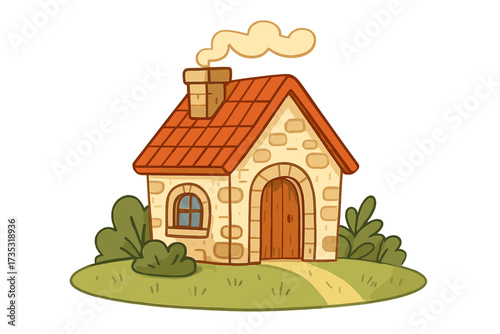 Cute cartoon stone house vector illustration. Vintage fairytale cottage with a red tile roof and smoking chimney. Concept for real estate, welcome home, and cozy countryside living.