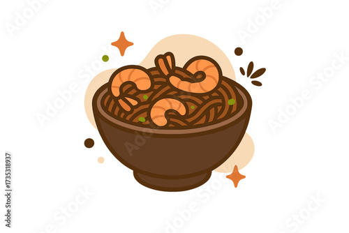 Buckwheat soba noodles with shrimp in a bowl. Concept for Asian food, wok restaurant menu, or fast food delivery. Vector illustration of a Japanese meal with seafood.