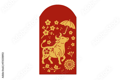 Chinese New Year lucky red envelope for the Year of the Ox. Golden paper cut silhouette with bull, plum flowers, chrysanthemum. Asian lunar festival money packet vector design.