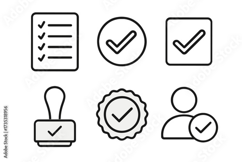 Checkmark approved web icon set in line style. Checklist, accepted, stamp, agree, quality control, collection. User verification. Account approved. Vector illustration.