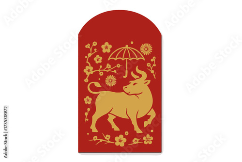 Chinese New Year red envelope for the Year of the Ox. Golden paper cut silhouette of a bull with plum blossoms. Lucky money packet or hongbao for lunar new year celebration.