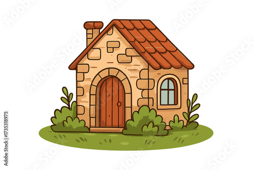 Stone house vector illustration. Cute cartoon cottage icon. Vintage fairytale building on green grass. Real estate, property symbol. Welcome home concept for postcard or banner.