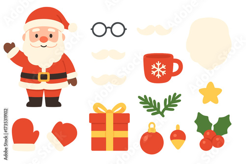 Christmas collection of flat vector items. Santa Claus face constructor with beard, hat, and glasses. Holiday icon set with gift, holly, and ornaments for New Year design.