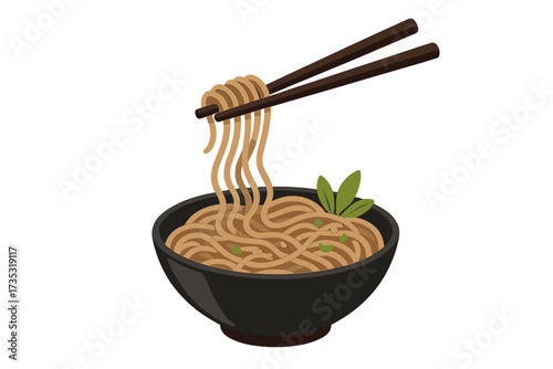 Japanese soba noodles in a black bowl with chopsticks. Vector illustration of traditional Asian buckwheat noodle dish. Healthy delicious meal concept isolated on white background.