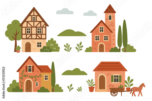 European houses set. Traditional old town village and countryside constructor kit. Vector flat illustration of half-timbered, Mediterranean buildings with trees, plants, horse.