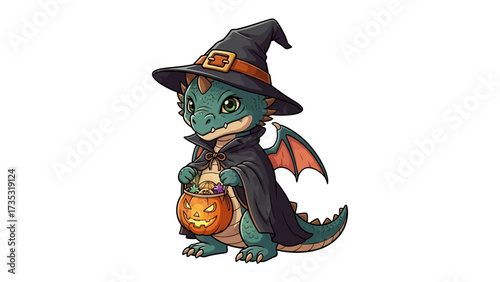 Cute Dragon in Witch Costume: A delightful illustration of a friendly dragon, dressed in a witch hat and cloak, holding a carved pumpkin bucket. A whimsical scene of festive Halloween spirit.