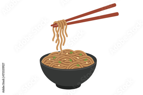 Soba buckwheat noodles in black bowl with chopsticks. Traditional Japanese food concept. Asian cuisine meal of cooked ramen or soba. Vector illustration isolated on white background.