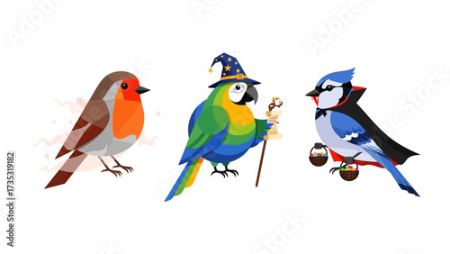 Feathery friends, birds in costumes: Three whimsical birds, a robin, a parrot dressed as wizard, and a blue jay in a vampire cape, create a delightful scene full of imagination and charm.