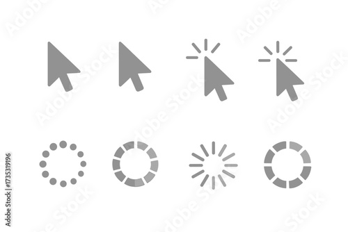 Computer mouse click cursor arrow icons and loading symbol set. Collection of gray vector pointers, clicking cursors, and circular wait or buffer signs for UI/UX design.