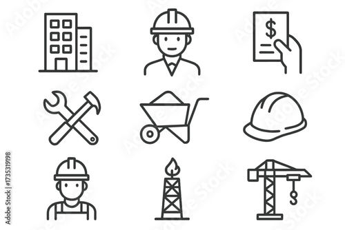 Construction icons line style set. Building, engineer, business cost, road repair tools, equipment, helmet, crane, builder, and industry vector collection for web design.