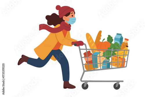 Woman in face mask panic buying, running with a full shopping cart. Stocking up on groceries at the supermarket during a winter pandemic. Covid-19 concept vector illustration.
