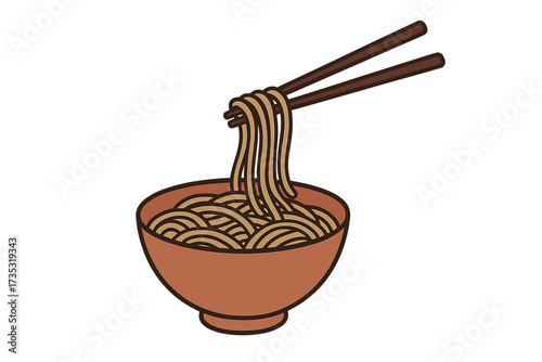 Soba noodles in a bowl with chopsticks. Vector illustration of Japanese buckwheat noodles. Asian cuisine concept. Cooked pasta for ramen or soba. Isolated on white background.