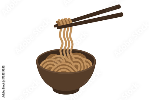 Soba buckwheat noodles in a bowl with chopsticks. Vector illustration of traditional Japanese food. Asian cuisine concept for restaurant menu design. Cooked ramen meal flat icon isolated.