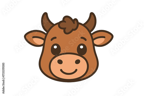 Cute cow head vector illustration. Brown smiling farm animal face icon. Funny cartoon cattle character mascot for logo. Adorable kawaii dairy symbol. Year of the Ox 2021.
