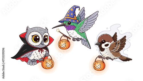 Halloween birds: An endearing trio of birds are prepared for trick-or-treat. One bird donned in a dracula costume, another in a wizard outfit, while another sports a charming, everyday look.