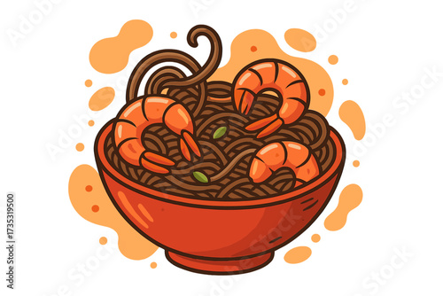 Soba noodles with shrimp vector illustration. Concept for Asian food delivery, Japanese restaurant menu, cafe emblem. Wok-cooked seafood, fast food icon. Buckwheat pasta bowl.