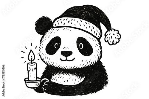 Cute panda in Santa hat holding a candle. Hand-drawn Christmas animal character. Festive black and white sketch illustration for holiday card, poster, or banner design.