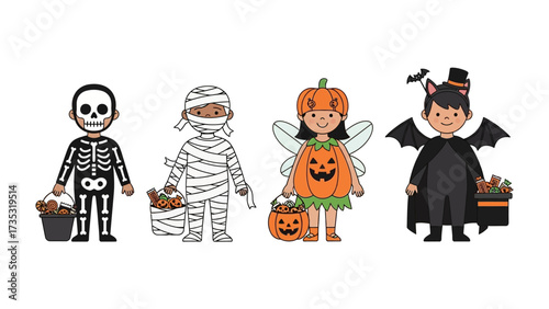 Halloween Costumes: Four charming children dressed in whimsical costumes ready for trick-or-treating, their faces alight with youthful glee, capturing the spirit of the season.