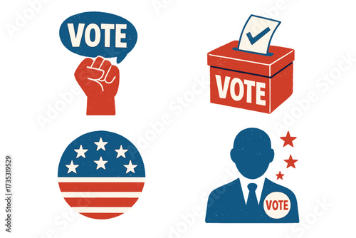 Get out the vote vector illustration set. American presidential election day political campaign icons. Patriotic motivational design with ballot box, fist, and flag elements.