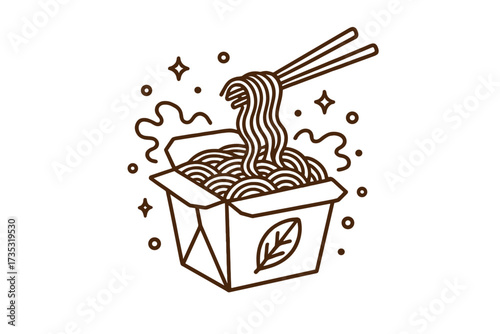 Noodle wok box with chopsticks. Thin line icon for Asian fast food cafe menu. Concept for Korean, Chinese food delivery. Vegetarian meal emblem. Isolated vector logo graphic.