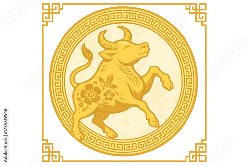 Gold bull symbol for Chinese New Year, Year of the Ox. Festive paper cut vector illustration. Golden zodiac animal in a traditional Asian pattern circle for greeting card or banner.