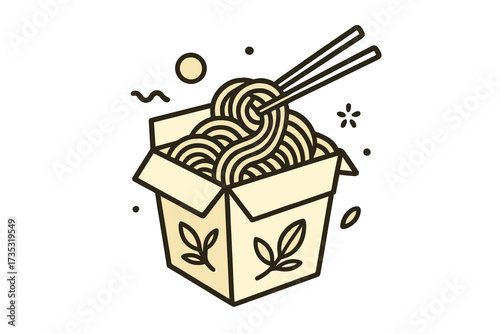 Asian noodles in a box, line icon. Concept for Chinese or Japanese food delivery. Wok ramen with chopsticks. Takeaway fast food vector logo for restaurant or cafe menu design.