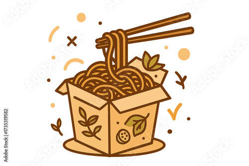 Asian noodles in a takeout box with chopsticks. Vector illustration concept for wok cafe, fast food delivery, or restaurant menu. Chinese, Japanese, or Korean cuisine icon.