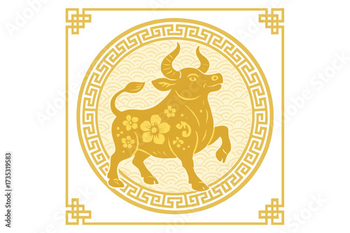 Golden bull, 2021 symbol in a Chinese pattern circle. Happy Chinese New Year of the Ox. Festive paper cut greeting card or banner with an asian zodiac metal ox vector design.